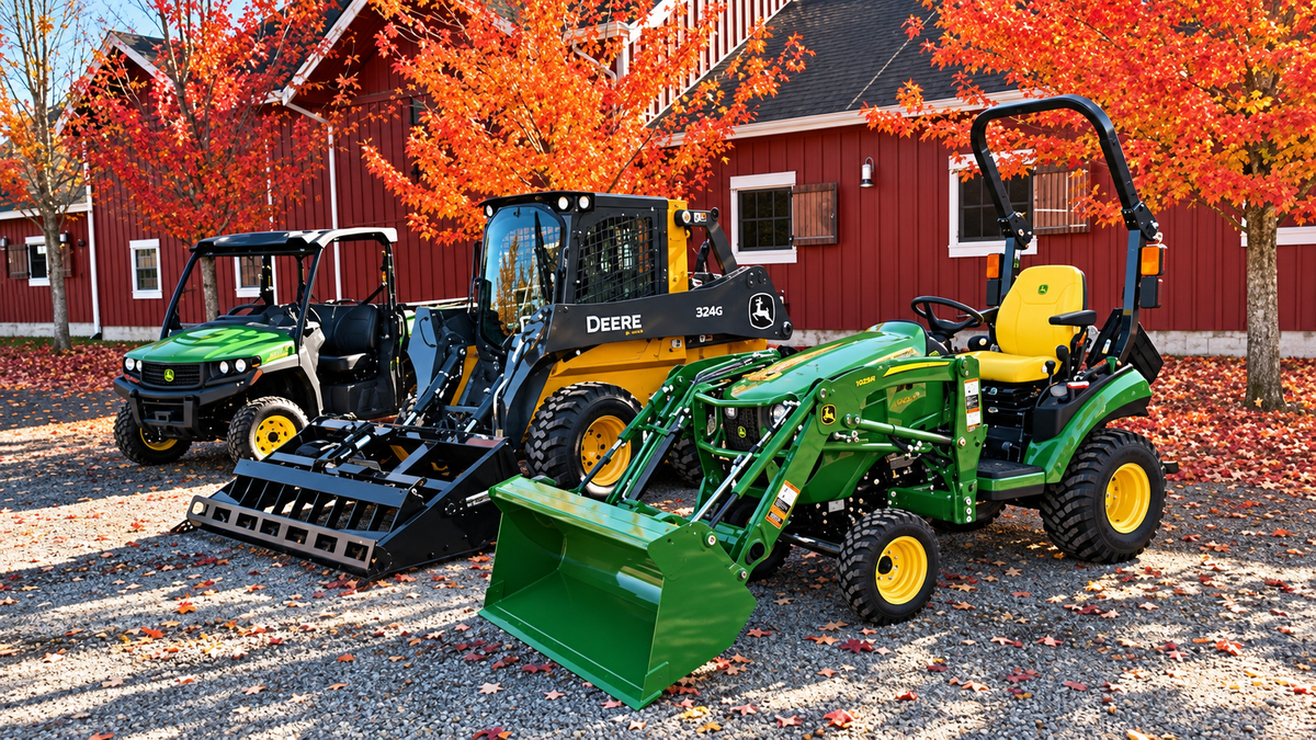 Three John Deere farm vehicles