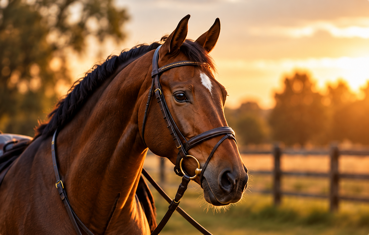A close-up portrait of a brown horse wearing a dark leather bridle