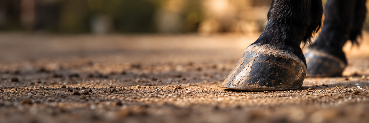 Close-up of a horse's black hooves standing on a dirt ground 